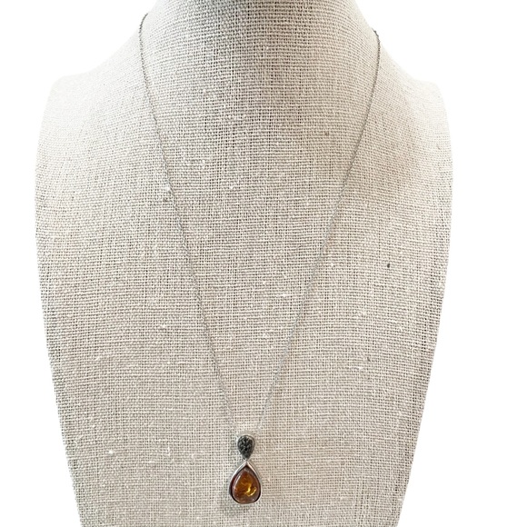JTV Jewelry - JTV Teardrop Amber and Black Stone Pendant Necklace Sterling Silver